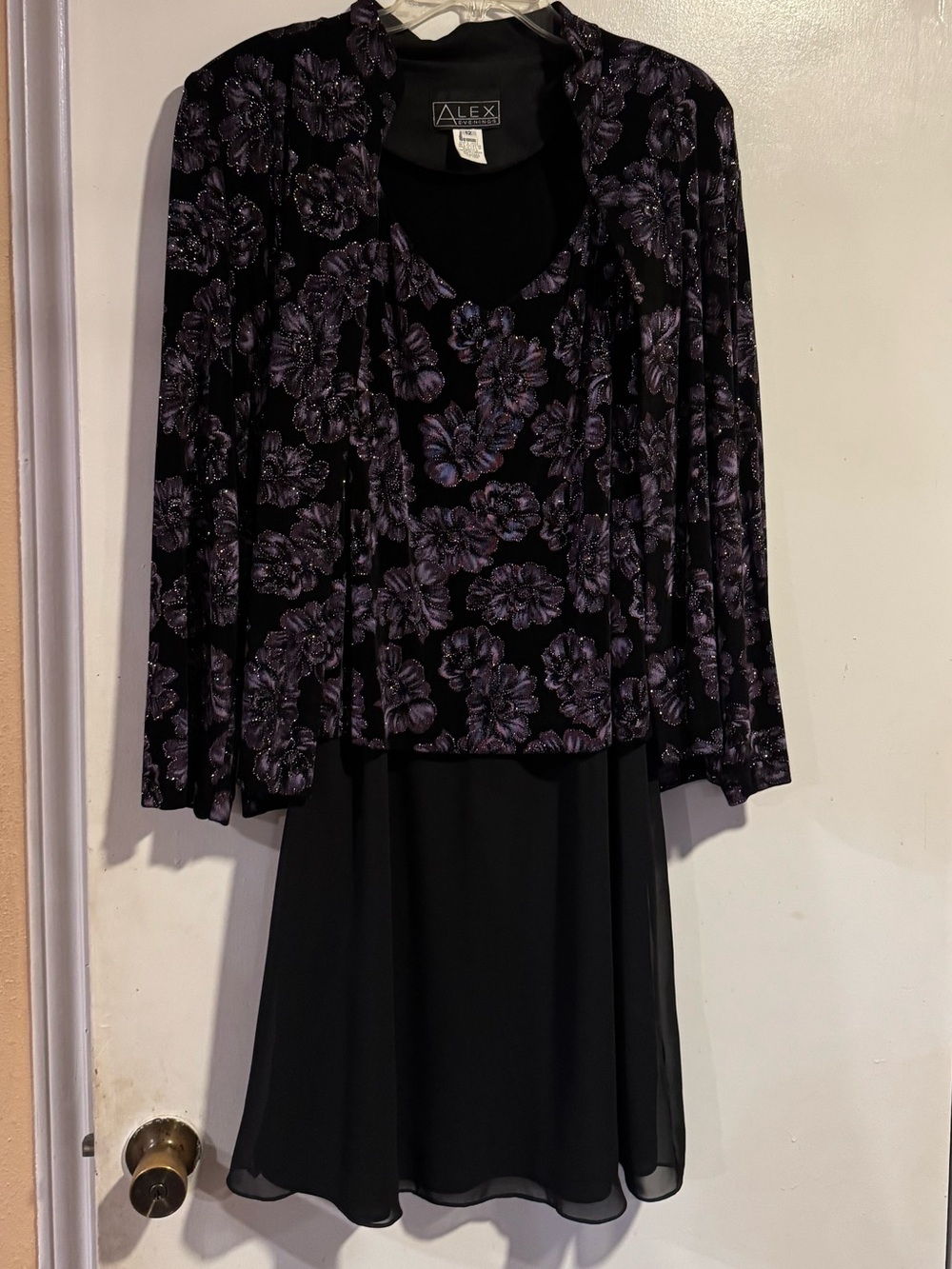 Alex Evenings 2pc Black Purple Metallic Floral Dress Jacket Set 12/16 USA